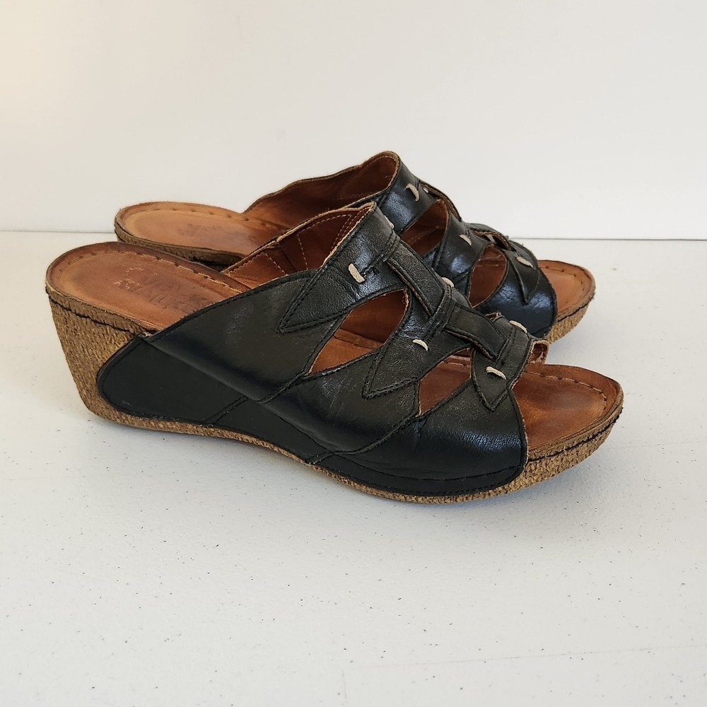 Volks Walkers Black Leather Open Toe Wedges Shoes Sandals Size 36 6 Boho Summer